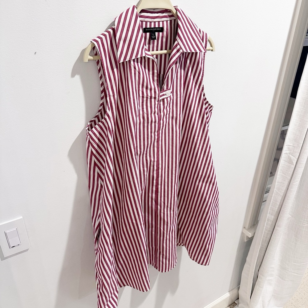 NWT Banana Republic poplin Striped Sleeveless shirt dress- Red and White Large